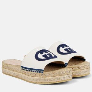 NEW GUCCI CANVAS LEATHER INTERLOCKING G ESPADRILLE SLIDE SANDALS SHOES 40.5